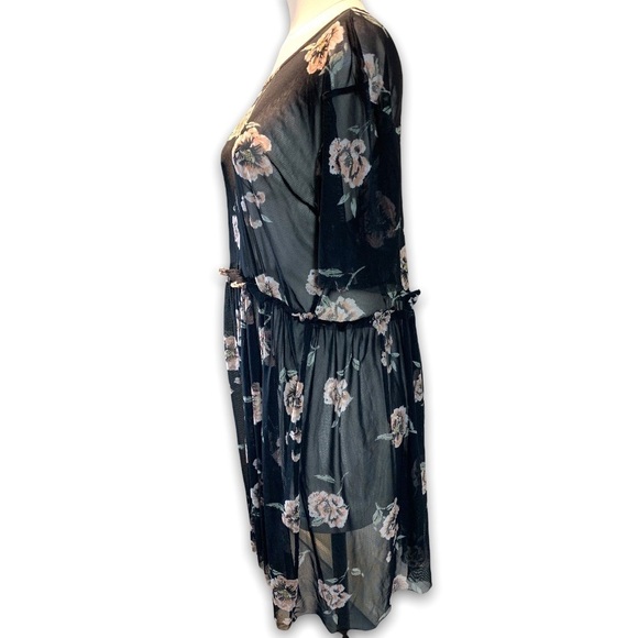 Be. You. tifull Black Mesh Midi Dress Women's Large Flower Prints Short Sleeves - Picture 2 of 8